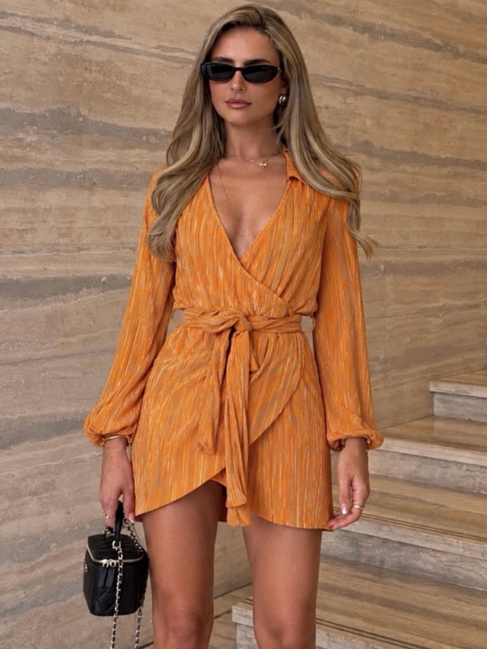 Peppermayo Orange Textured Long Sleeve Mini Wrap Dress Size 4